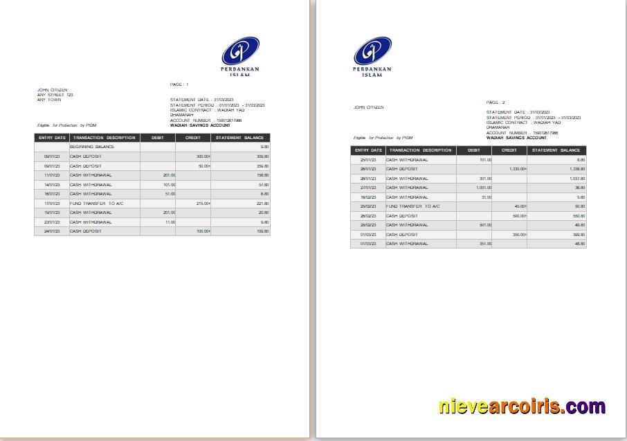 Malaysia Perbankan Islam bank statement Word and PDF tmplate
